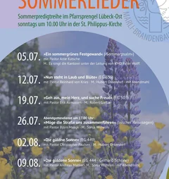 Plakat Sommerpredigtreihe 2026 - Sommerlieder im Pfarrsprengel Lübeck-Ost
